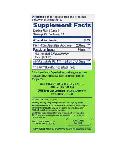 Renew Life Metabolic Boost, Prebiotic + Probiotic + Postbiotic | Supports Optimal Digestive Health | Supports Metabolic Health & Decreased Waist Circumference | Promotes regularity and normal bowel function | 30 Capsules; Exp 02/2026
