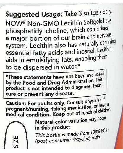 NOW Non-GMO Soy Lecithin 1200 mg | With Naturally occurring Phosphatidyl Choline | Supports Brain & Nerve Function | Nervous System Support | 100 Softgels; Exp 01/2029
