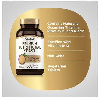PipingRock Nutritional Yeast 2000mg Fortified with Vitamin B12 | Naturally Contains Thiamin (Vitamin B-1), Riboflavin (Vitamin B-2) & Niacin | 500 Tablets; Exp 08/2027