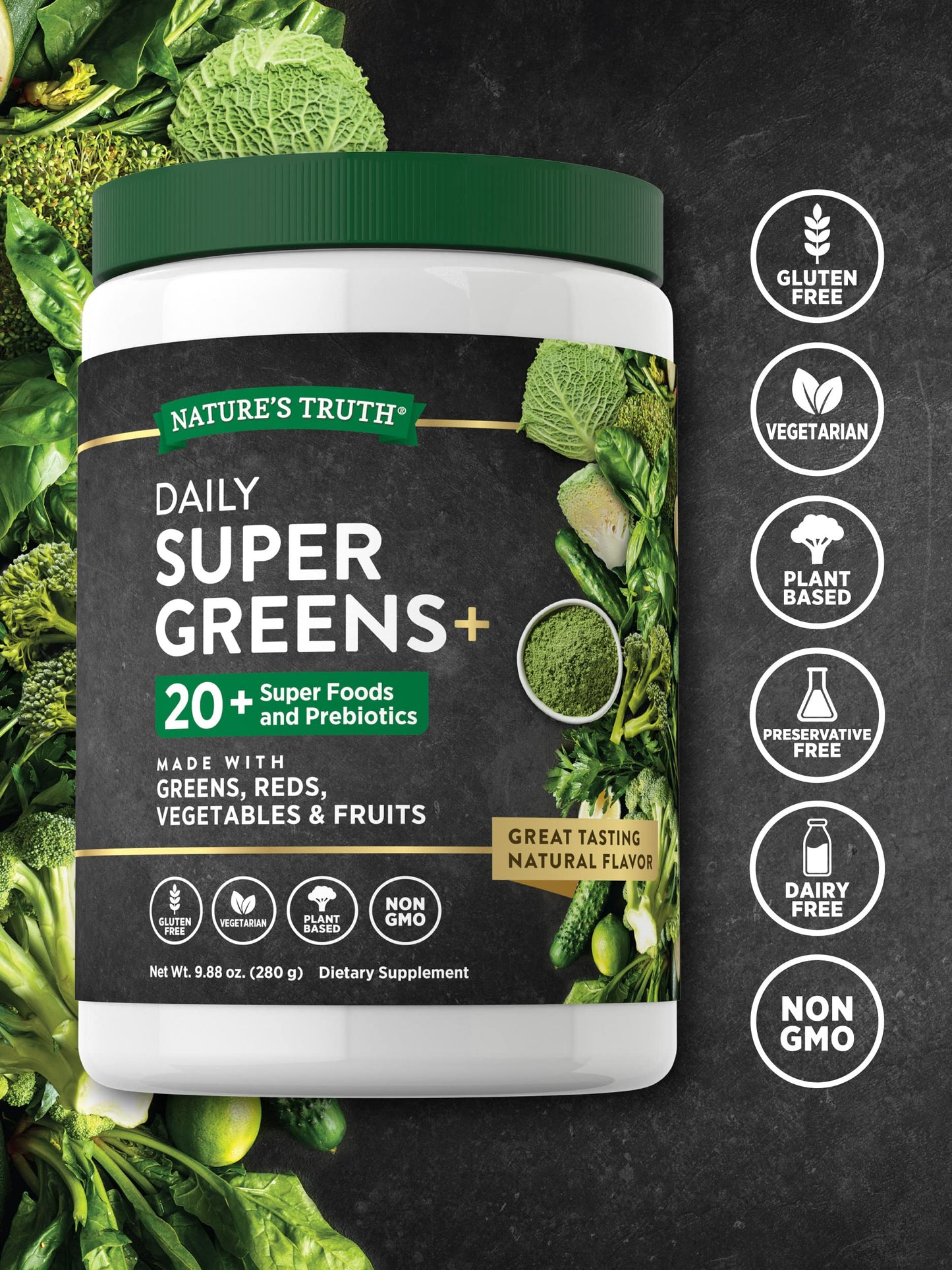 Nature's Truth Super Greens Powder Supplement | Fruit & Vegetables Superfood Blend | 20+ SuperFoods and Prebiotics | 9.88oz/280g Exp 02/2027