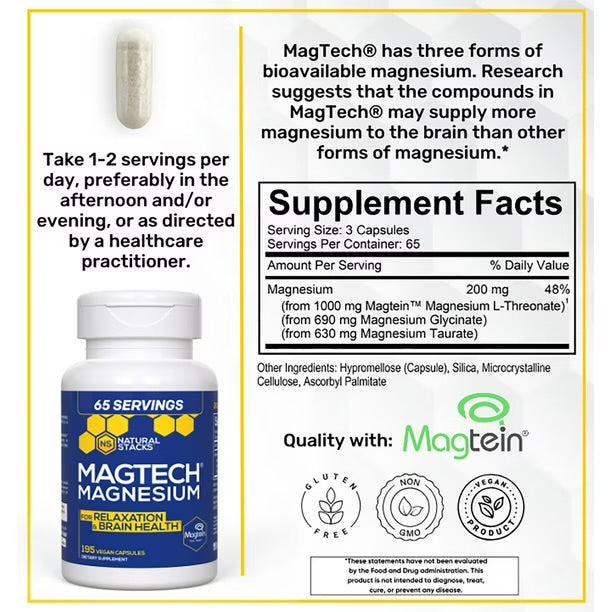Natural Stacks MagTech Magnesium Complex | with 1000mg Magtein Magnesium L-Threonate, 690mg Magnesium Glycinate & 630mg Magnesium Taurate | For Relaxation & Brain Health | 195 Capsules;