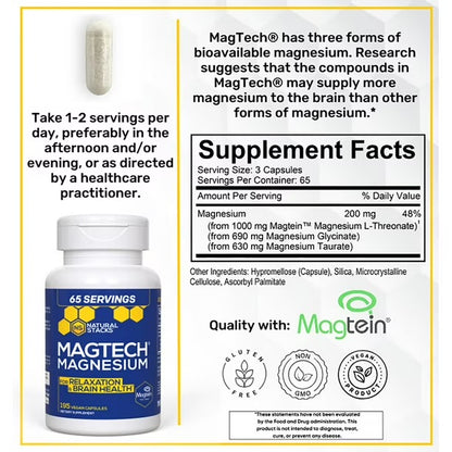 Natural Stacks MagTech Magnesium Complex | with 1000mg Magtein Magnesium L-Threonate, 690mg Magnesium Glycinate & 630mg Magnesium Taurate | For Relaxation & Brain Health | 195 Capsules;