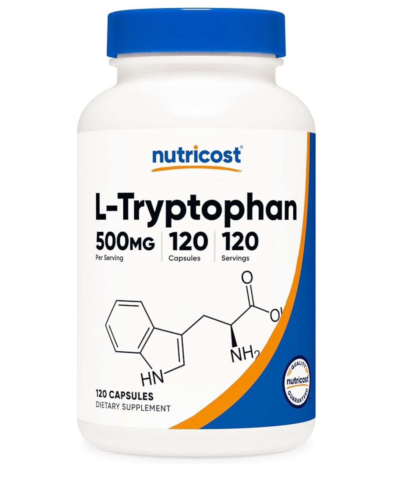 Nutricost L-Tryptophan 500mg + BioPerine for Enhanced Absorption | Critical for the Production of Serotonin & Melatonin | Encourages Positive Mood, Promotes Restful Sleep & Relaxation | 120 Capsules; Exp 04/2028