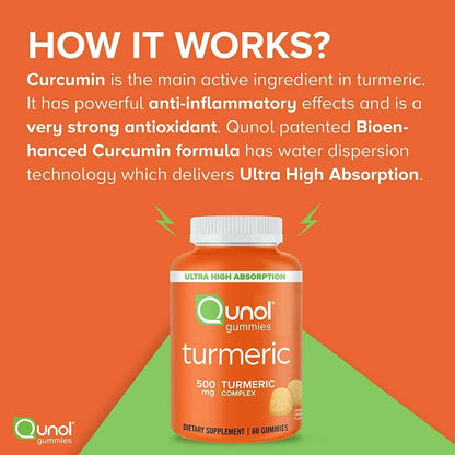 Qunol Turmeric Gummies 500mg | Ultra High Absorption | Joint Support | Creamy Orange, 60 Gummies Exp 05/2026