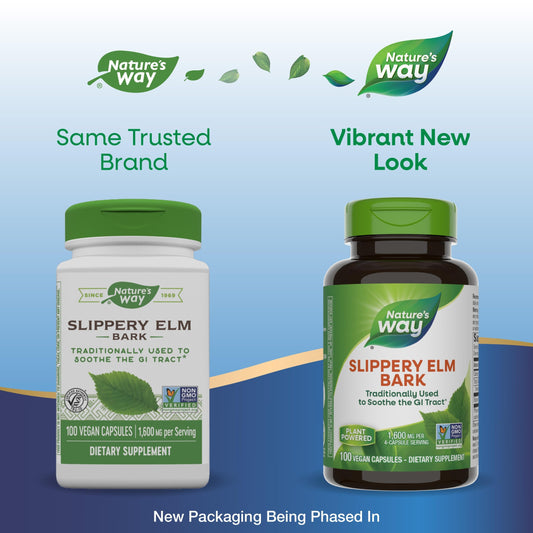 Nature's Way Slippery Elm Bark 400mg | Helps Coat & Soothe Gastrointestinal (GI) Tract | Helps with Acid Reflux | 100 Capsules; Exp 02/2029 ❗️ROUGH PACK 👉🏽Check last picture