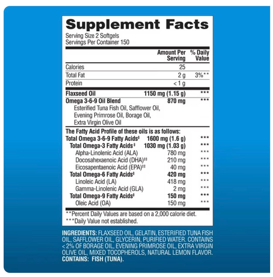 Member's Mark Omega 3-6-9 1600mg | with Esterified Tuna Fish Oil, Cold Pressed Flaxseed Oil, Safflower Oil, Borage Oil, Extra Virgin Olive Oil & Evening Primrose Oil | 300 Softgels; Exp 09/2027