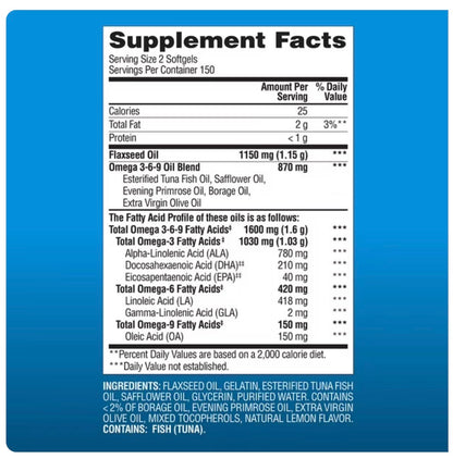 Member's Mark Omega 3-6-9 1600mg | with Esterified Tuna Fish Oil, Cold Pressed Flaxseed Oil, Safflower Oil, Borage Oil, Extra Virgin Olive Oil & Evening Primrose Oil | 300 Softgels; Exp 09/2027