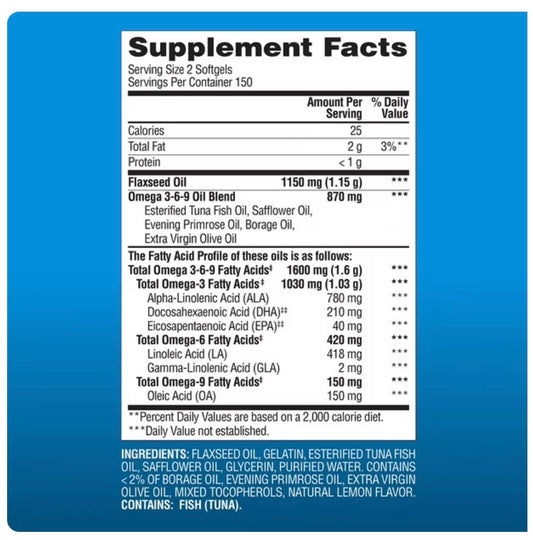 Member's Mark Omega 3-6-9 1600mg | with Esterified Tuna Fish Oil, Cold Pressed Flaxseed Oil, Safflower Oil, Borage Oil, Extra Virgin Olive Oil & Evening Primrose Oil | 300 Softgels; Exp 09/2027