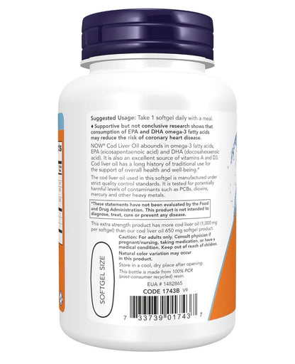 NOW Extra Strength Cod Liver Oil 1,000mg | With Vitamins A & D3 | Supports Heart Health & Overall Wellbeing | 90 Softgels; Exp 05/2029