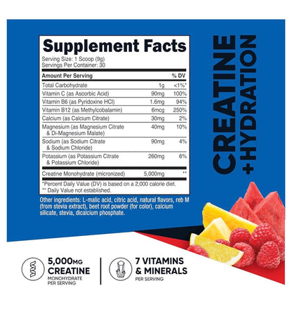 Nutricost Micronized Creatine Monohydrate + Hydration | 7 Vitamins & Minerals (Electrolytes) | 5000mg of Creatine Per Serving; 30 Servings | For Endurance, Muscle Mass Building & Energy Production | Fruit Punch Flavored~282g/10.1oz; Exp 09/2028