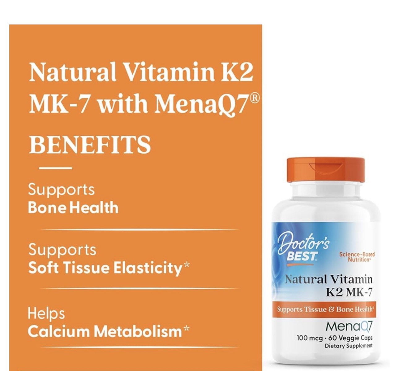 Doctor's Best Natural Vitamin K2 100 mcg (MK-7) | Tissue & Bone Health Support | 60 Capsules; Exp 09/2027