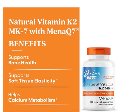 Doctor's Best Natural Vitamin K2 100 mcg (MK-7) | Tissue & Bone Health Support | 60 Capsules; Exp 09/2027