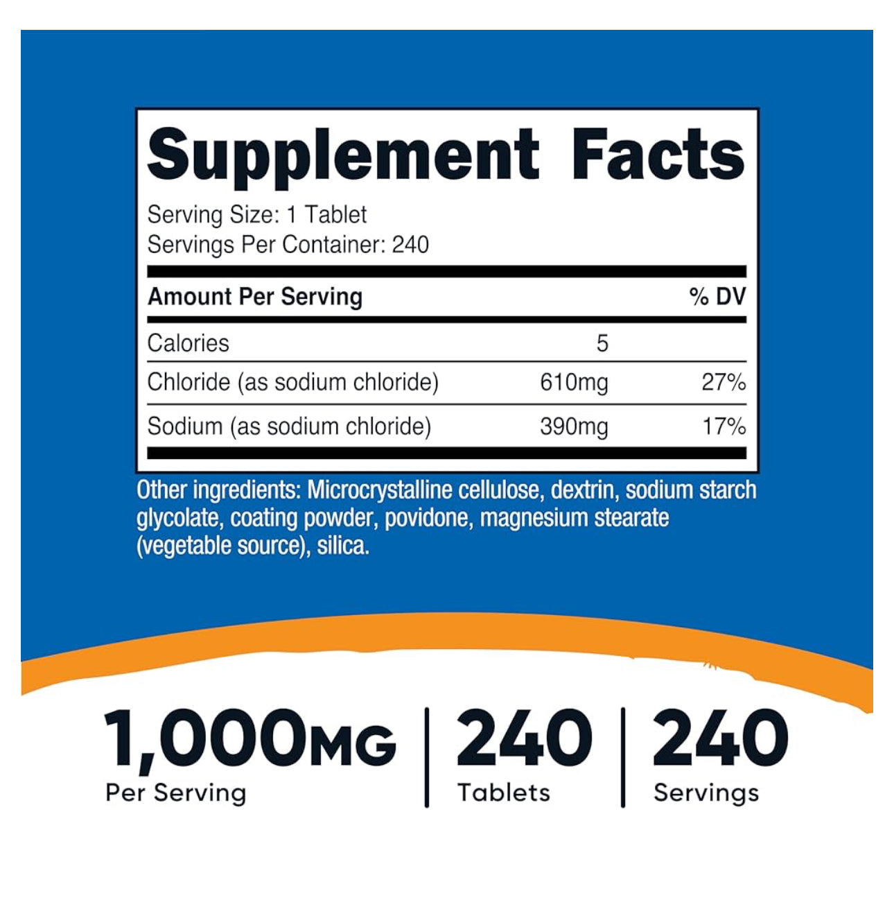Nutricost Sodium Chloride 1000mg | Salt Tablets | Assists in Maintaining Optimal Hydration by Supporting Balanced Electrolyte Levels | 240 Tablets; Exp 12/2027