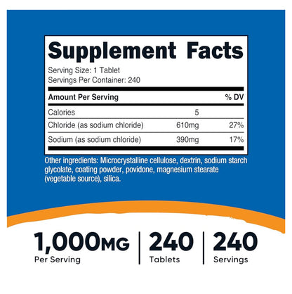 Nutricost Sodium Chloride 1000mg | Salt Tablets | Assists in Maintaining Optimal Hydration by Supporting Balanced Electrolyte Levels | 240 Tablets; Exp 12/2027