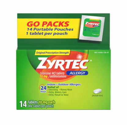 ZYRTEC 24 Hour Allergy Relief Tablets with Cetirizine HCl 10mg | Suitable for Adults and Children 6 years & older | 14 Tablets Exp 08/2025