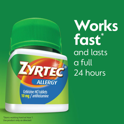 Zyrtec 24 Hour Allergy Relief Tablets | For Indoor & Outdoor Allergy | 10mg Cetirizine HCl per Antihistamine Tablet | Relief from Runny Nose, Sneezing, Itchy Eyes & More | 60 Tablets Exp 03/2027