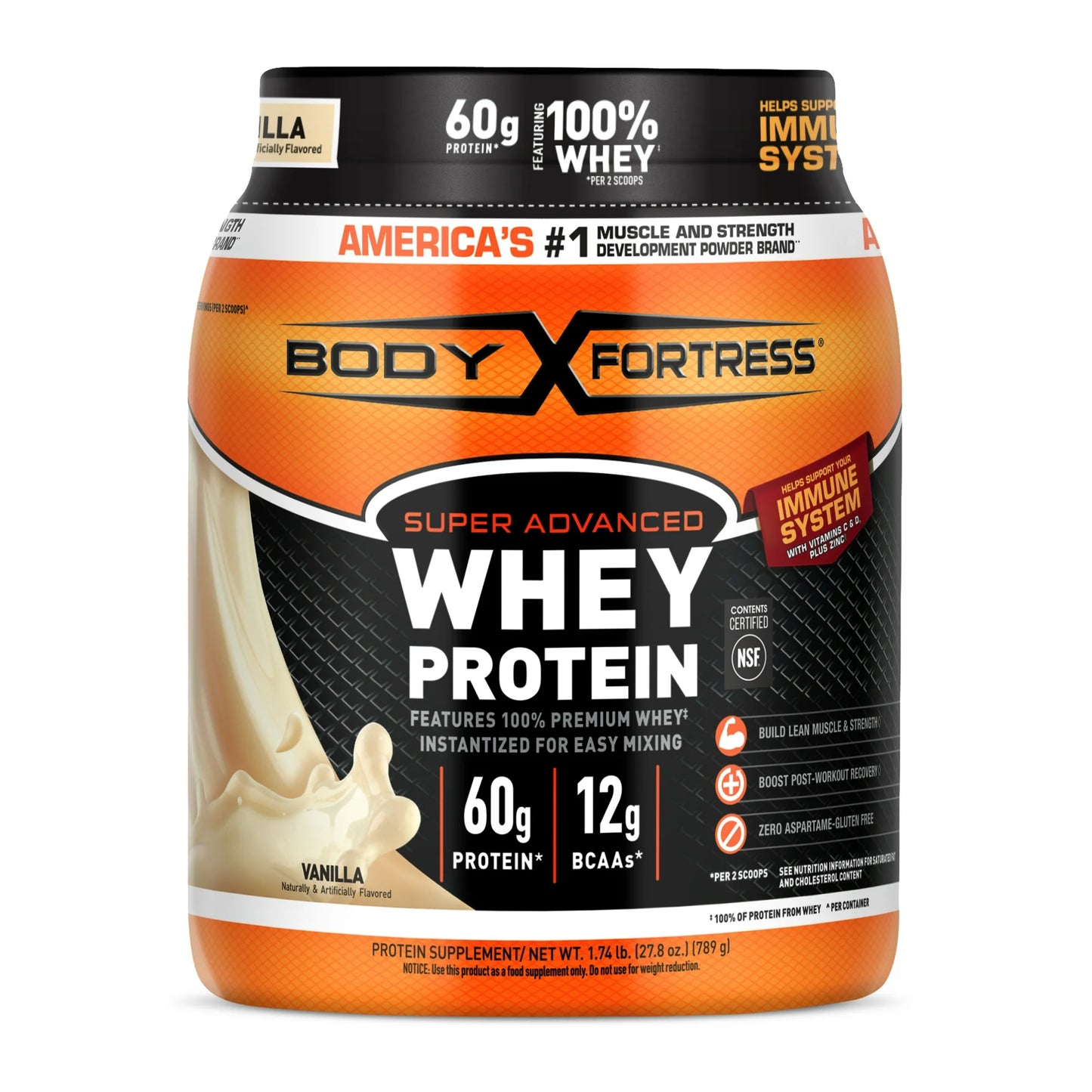 Body Fortress Super Advanced 100% Premium Whey Protein Powder | 60 g Protein Per Serving | To Build Lean Muscle | Boosts Post-Workout Recovery|  Vanilla Flavor , 1.74lbs/789g; 𝗘𝘅𝗽 10/2027
