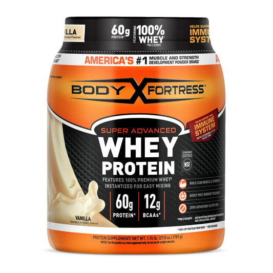 Body Fortress Super Advanced 100% Premium Whey Protein Powder | 60 g Protein Per Serving | To Build Lean Muscle | Boosts Post-Workout Recovery|  Vanilla Flavor , 1.74lbs/789g; 𝗘𝘅𝗽 10/2027