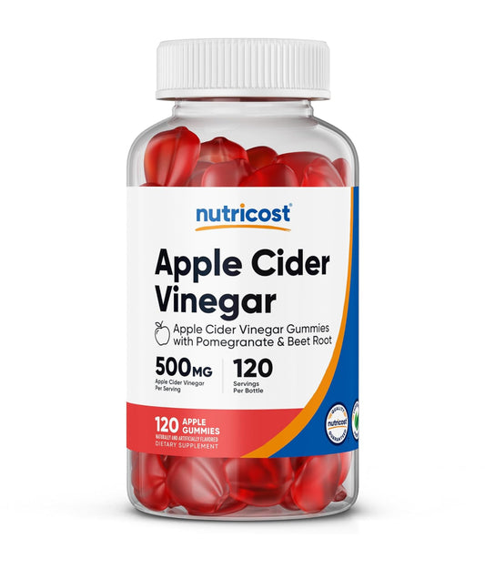 Nutricost Apple Cider Vinegar 500mg with Vitamin B12, Folate, Beet Root Powder & Pomegranate Juice Powder | 120 Servings | Improves Digestion, Gut Health and Controls Appetite | Apple Flavored ACV | 120 Gummies; Exp 11/2027