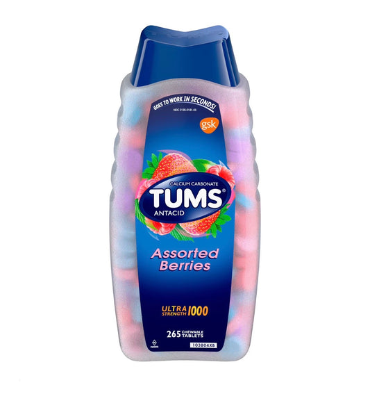 TUMS Ultra Strength Heartburn Relief Chewable Antacid Tablets | 1000mg Calcium Carbonate | 3.6x the Regular 72ct Pack | Assorted Berries Flavor | 265 Chewable Tablets; Exp 12/2030