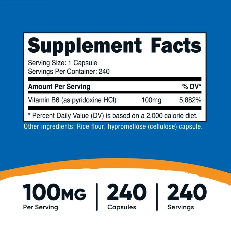 Nutricost Vitamin B6 100mg | Supports Energy Metabolism and Healthy Nervous System Function | 240 Capsules; Exp 09/2028