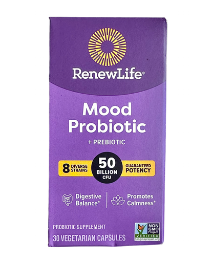 RenewLife Mood Probiotic 50 Billion CFUs | plus Prebiotic | Promotes Calmness & Digestive Balance | 30 Vegetarian Capsules Exp 07/2026