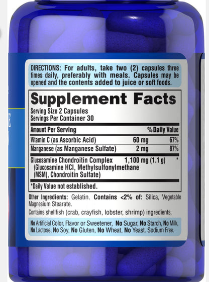Puritan's Pride Glucosamine Chondroitin Complex | with MSM, Manganese & Vitamin C | Joint Support Formula | 60 Capsules; Exp 03/2028