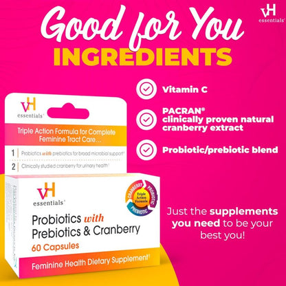 VH Essentials Probiotics With Prebiotics & Cranberry | For pH Balance, Vagina Odor Control, UTI Prevention & Improved Gut Health | 60 Capsules; [No Expiration Date Printed On It] - Old Packaging