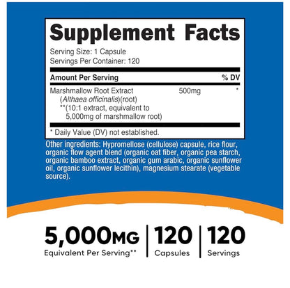 Nutricost Marshmallow Root 5000mg | Supports Digestive, Respiratory & Skin Health | Soothes the Mucus Membranes Lining of the Gastrointestinal Tract | 120 Capsules; Exp 03/2029