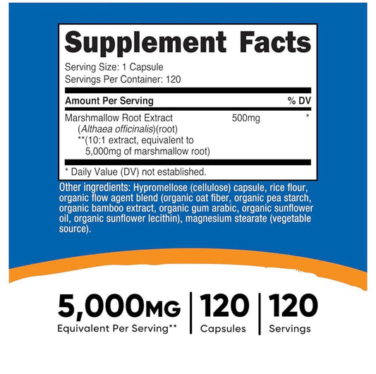 Nutricost Marshmallow Root 5000mg | Supports Digestive, Respiratory & Skin Health | Soothes the Mucus Membranes Lining of the Gastrointestinal Tract | 120 Capsules; Exp 03/2029