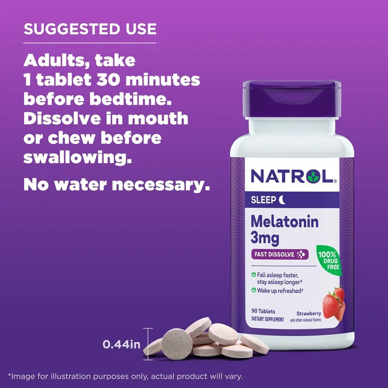 Natrol Fast Dissolve Melatonin 3 mg | 90 Day Supply | for Restful Sleep | Sleep Support for Adults | 90 Strawberry-Flavored Tablets, Exp 08/2025