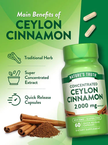 Nature’s Truth Concentrated Ceylon Cinnamon 2000mg | Blood Sugar & Weight Management Support | 60 Capsules; Exp 08/2027