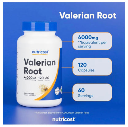 Nutricost Valerian Root 4000 mg | Traditionally Used to Support Relaxation and Calmness | 120 Capsules; Exp 10/2028