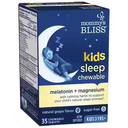 Mommy's Bliss Kids Sleep Chewable | For Kids Age 3 & Above |  35 Servings | Contains Melatonin, Magnesium & Calming Herbs | Sugar Free | Grape Flavor ~ 35 Chewable Tablets; Exp 09/2025