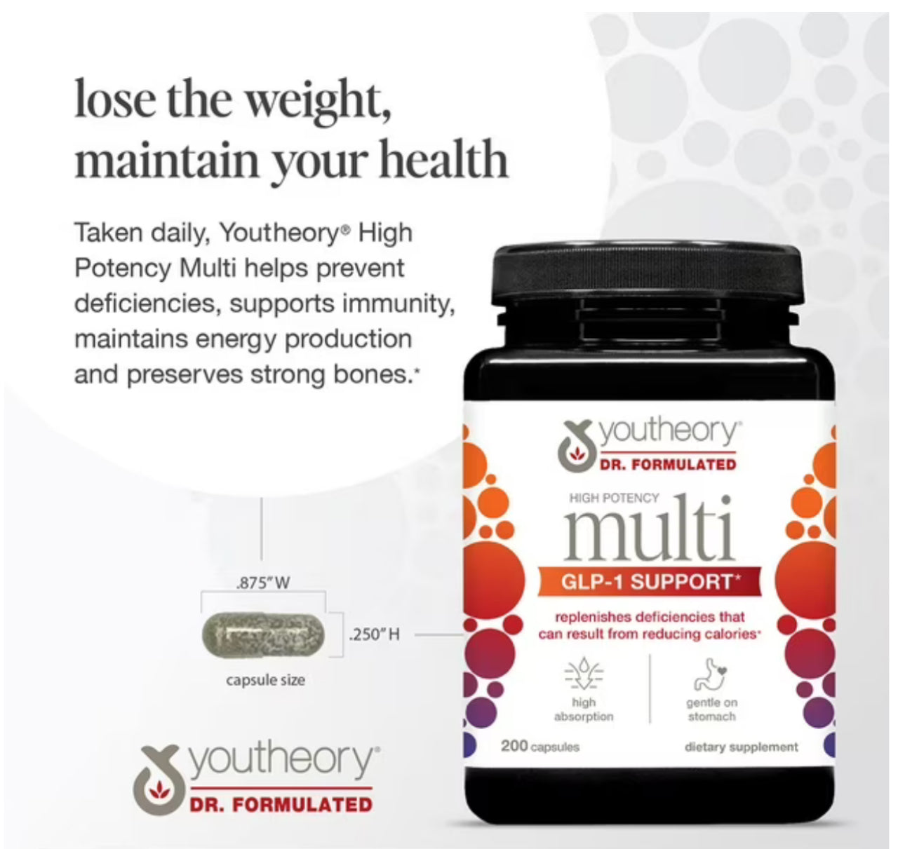 Youtheory High Potency Multi GLP-1 Support - High Absorption Multivitamins | Over 20 Highly Absorbable Methylated Vitamins & Chelated Minerals | For Immune Support & Bone Health | Gentle on Stomach | 200 Capsules; Exp 05/2027