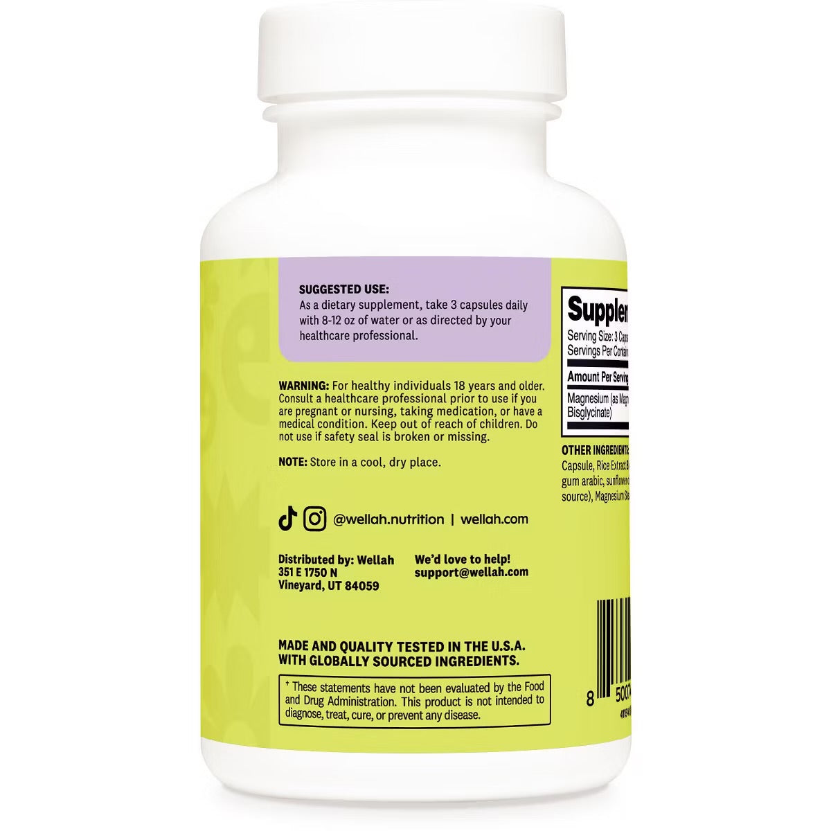 Wellah Magnesium Glycinate 210mg |  High Absorption Magnesium Bisglycinate | Improves Sleep & Promotes Relaxation | 90 Capsules; Exp 01/2029