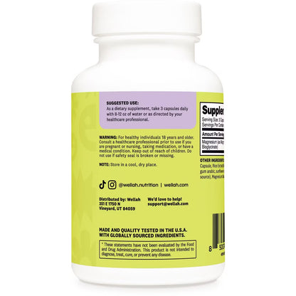 Wellah Magnesium Glycinate 210mg |  High Absorption Magnesium Bisglycinate | Improves Sleep & Promotes Relaxation | 90 Capsules; Exp 01/2029