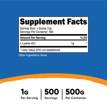 Nutricost L-Lysine 1000mg | Pure L-Lysine HCL Powder | 500 Servings | Supports Immune Function | Healthy Skin and Lips | 500g(1.1lb), Exp 09/2027