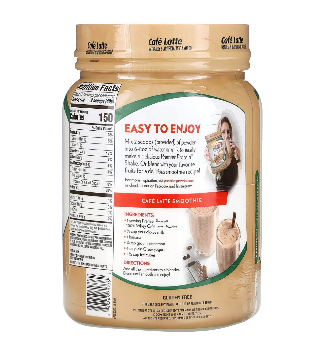 Premier Protein 100% Whey Protein Powder with Energy | 30g Protein | 150 Calories | Cafe Latte Flavor; 23.9oz (680g); Exp 09/2025