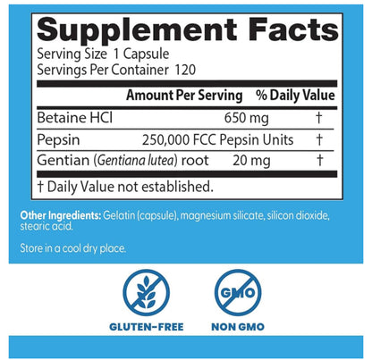Doctor's Best Betaine HCl (hydrochloride) 650mg | with Pepsin & Gentian Bitters | Digestive Enzymes for Protein Breakdown & Absorption | 120 Capsules; Exp 06/2026 *New Look