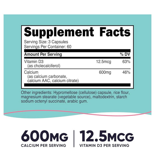 Nutricost Calcium (600mg) + Vitamin D3 (12.5mcg) for Women | Promotes Heathy Bones | 180 Capsules; Exp 08/2028
