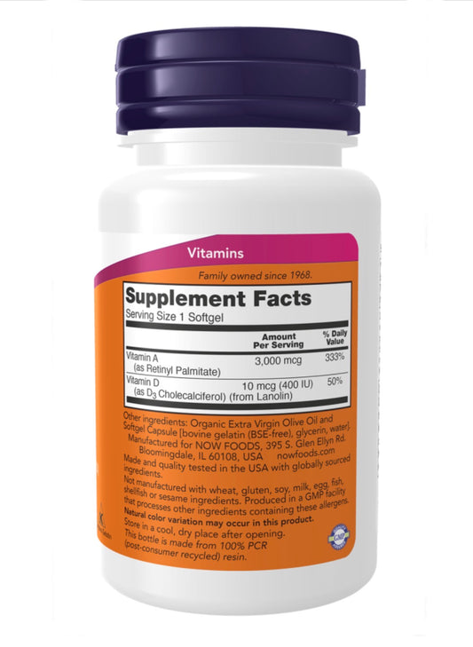 NOW Vitamin A & D 10,000/400IU | Supports Skin, Bone, Teeth & Immune Health | 100 Softgels; Exp 04/2029
