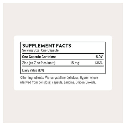 THORNE Zinc Picolinate 15mg | Highly Absorbable Zinc | Supports Wellness, Immune System, Eye, Skin & Reproductive Health | 60 Capsule; Exp 08/2028