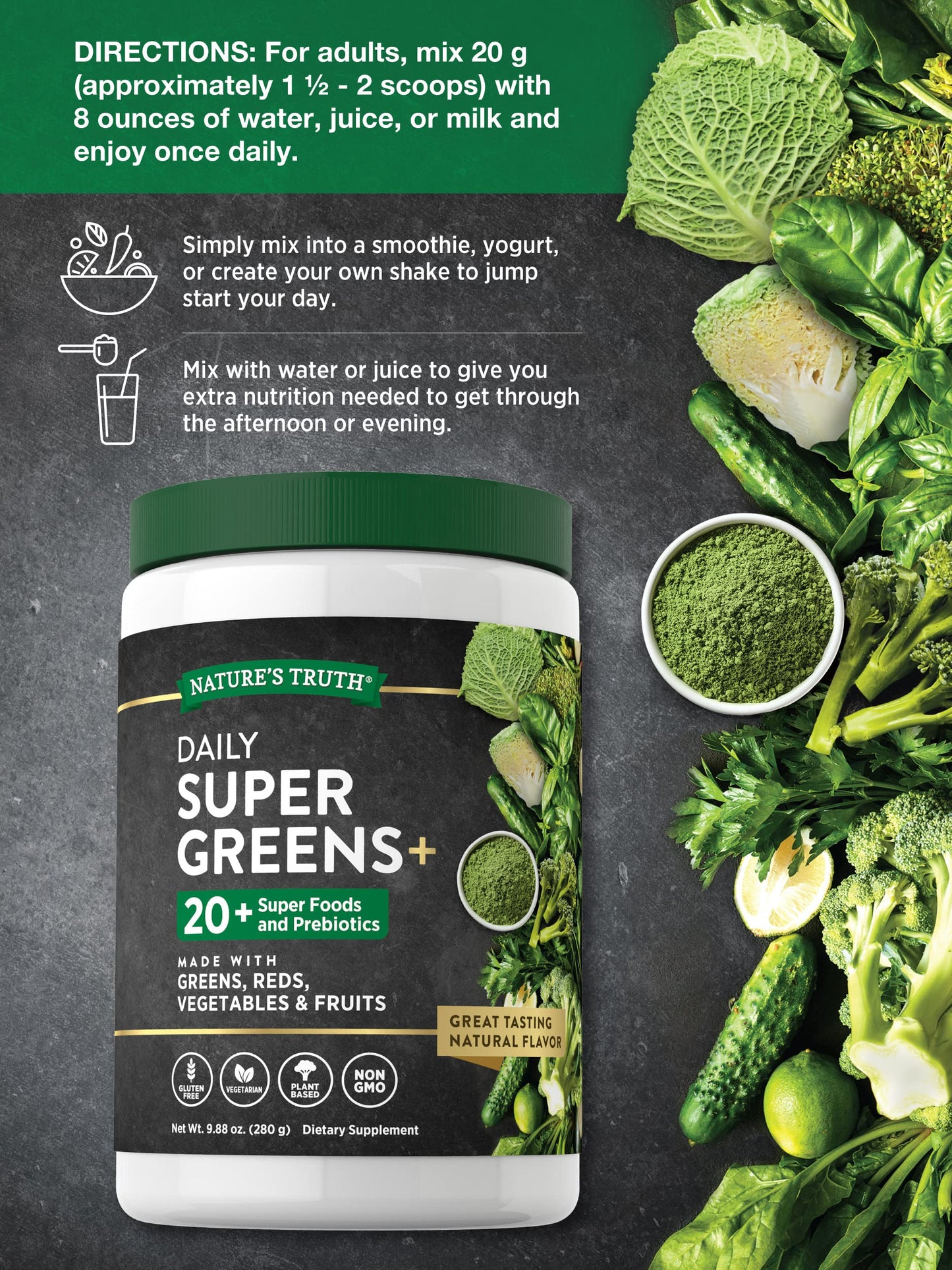 Nature's Truth Super Greens Powder Supplement | Fruit & Vegetables Superfood Blend | 20+ SuperFoods and Prebiotics | 9.88oz/280g Exp 02/2027