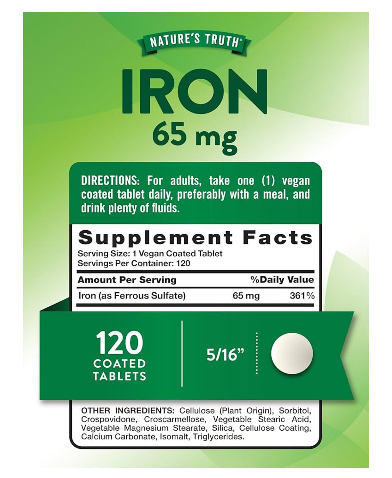 Nature's Truth Iron 65mg | 325mg Ferrous Sulfate | 120 Tablets; Exp 03/2027