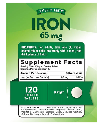 Nature's Truth Iron 65mg | 325mg Ferrous Sulfate | 120 Tablets; Exp 03/2027