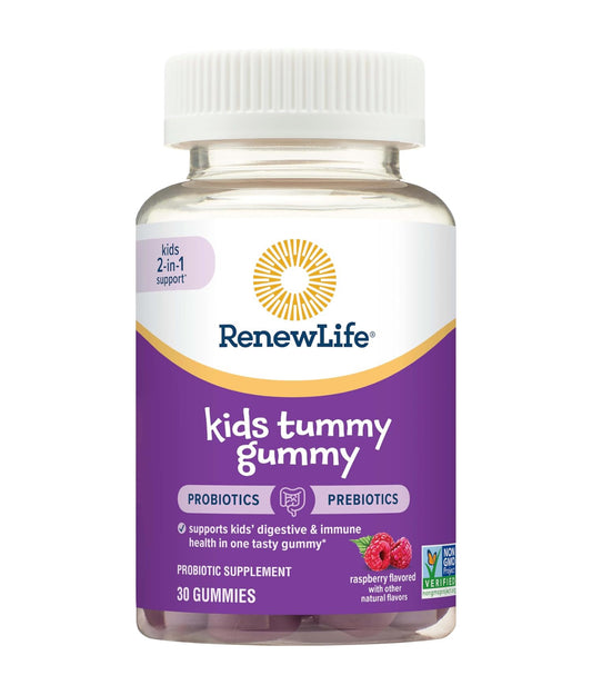Renew Life Kids Tummy Gummy Prebiotic and Probiotic | 1 Billion CFU | Daily Support for Digestive and Immune Health | B. Coagulans and B. Subtilis | Dairy, Soy and gluten-free | Raspberry Flavor~30 Gummies; Exp 11/2025