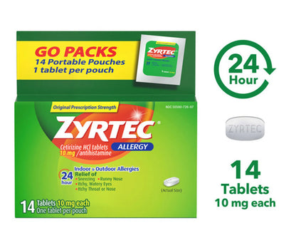 ZYRTEC 24 Hour Allergy Relief Tablets with Cetirizine HCl 10mg | Suitable for Adults and Children 6 years & older | 14 Tablets Exp 08/2025