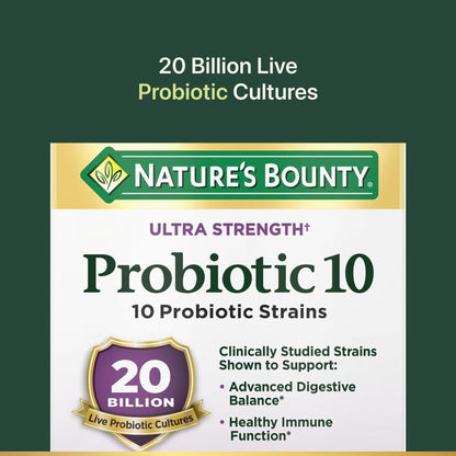 Nature’s Bounty Probiotic 10, Ultra Strength | 20 Billion Live Probiotic Cultures, 10 Strains | Support for Digestive, Immune and Upper Respiratory Health | 30 Capsules Exp 05/2026