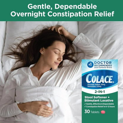 Colace 2-in-1 Stool Softener with Stimulant Laxative | Ducosate Sodium 50mg, Sennosodes 8.6mg | For Adults & Children above 2 Years Old | 30 Tablets; Exp 06/2027